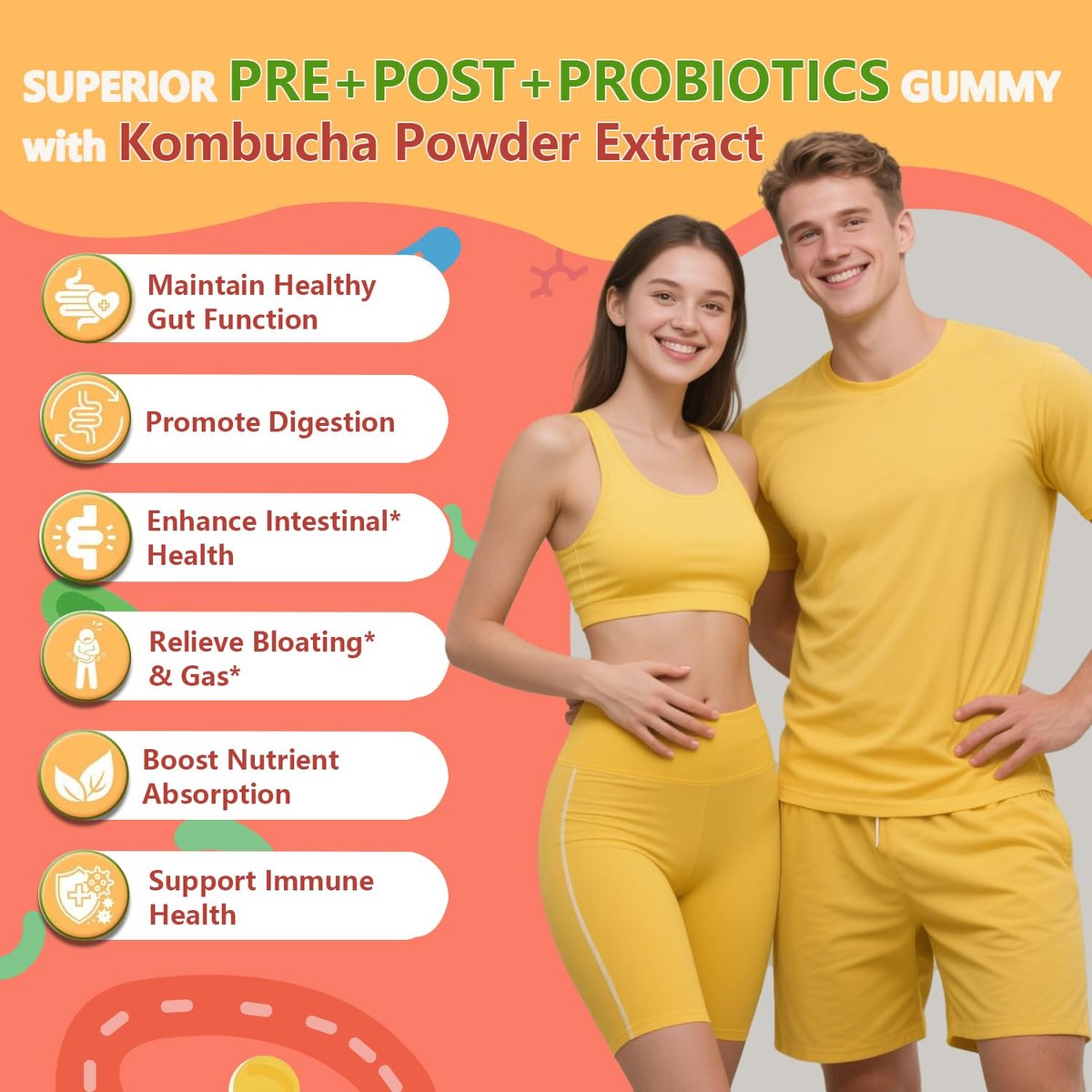 Crasye Probiotische Kombucha Gummibärchen – Zuckerfrei, Präbiotika, Postbiotika & Probiotika für Frauen und Männer – Unterstützt Verdauung, Immunsystem & Darmgesundheit – 60 Gummis (30 Portionen)