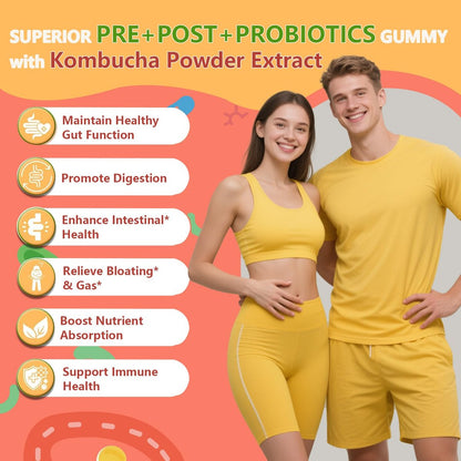 Crasye Probiotische Kombucha Gummibärchen – Zuckerfrei, Präbiotika, Postbiotika & Probiotika für Frauen und Männer – Unterstützt Verdauung, Immunsystem & Darmgesundheit – 60 Gummis (30 Portionen)