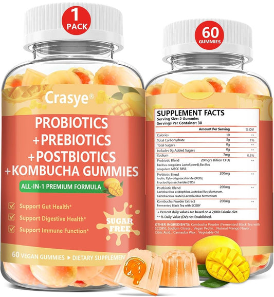 Crasye Probiotische Kombucha Gummibärchen – Zuckerfrei, Präbiotika, Postbiotika & Probiotika für Frauen und Männer – Unterstützt Verdauung, Immunsystem & Darmgesundheit – 60 Gummis (30 Portionen)