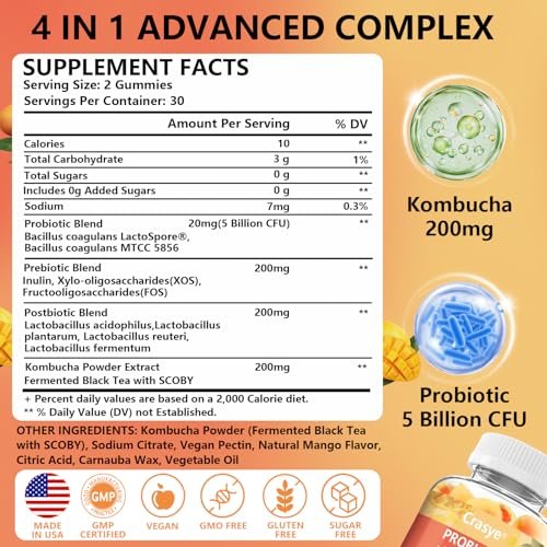 Crasye Probiotische Kombucha Gummibärchen – Zuckerfrei, Präbiotika, Postbiotika & Probiotika für Frauen und Männer – Unterstützt Verdauung, Immunsystem & Darmgesundheit – 60 Gummis (30 Portionen)