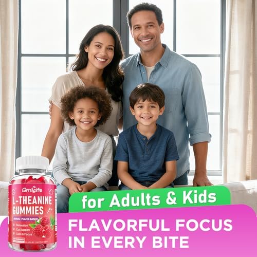 GrnLife L-Theanin Gummis für Kinder & Erwachsene – 400 mg L-Theanin mit Ashwagandha, GABA, 5-HTP – Himbeergeschmack – 60 Stück – zur Beruhigung, Entspannung & Schlafunterstützung
