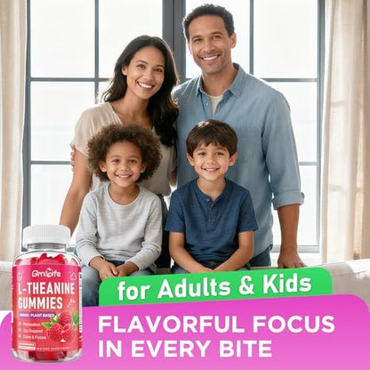 GrnLife L-Theanin Gummis für Kinder & Erwachsene – 400 mg L-Theanin mit Ashwagandha, GABA, 5-HTP – Himbeergeschmack – 60 Stück – zur Beruhigung, Entspannung & Schlafunterstützung
