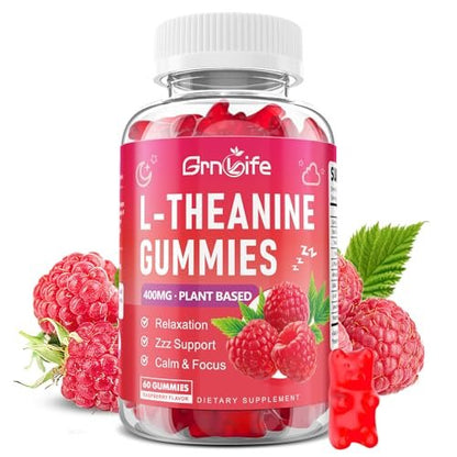 GrnLife L-Theanin Gummis für Kinder & Erwachsene – 400 mg L-Theanin mit Ashwagandha, GABA, 5-HTP – Himbeergeschmack – 60 Stück – zur Beruhigung, Entspannung & Schlafunterstützung