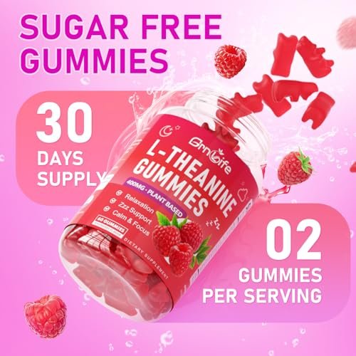 GrnLife L-Theanin Gummis für Kinder & Erwachsene – 400 mg L-Theanin mit Ashwagandha, GABA, 5-HTP – Himbeergeschmack – 60 Stück – zur Beruhigung, Entspannung & Schlafunterstützung