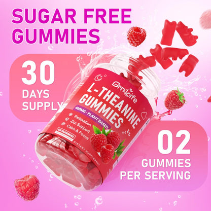 GrnLife L-Theanin Gummis für Kinder & Erwachsene – 400 mg L-Theanin mit Ashwagandha, GABA, 5-HTP – Himbeergeschmack – 60 Stück – zur Beruhigung, Entspannung & Schlafunterstützung