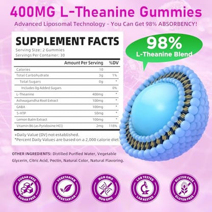 GrnLife L-Theanin Gummis für Kinder & Erwachsene – 400 mg L-Theanin mit Ashwagandha, GABA, 5-HTP – Himbeergeschmack – 60 Stück – zur Beruhigung, Entspannung & Schlafunterstützung