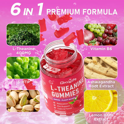 GrnLife L-Theanin Gummis für Kinder & Erwachsene – 400 mg L-Theanin mit Ashwagandha, GABA, 5-HTP – Himbeergeschmack – 60 Stück – zur Beruhigung, Entspannung & Schlafunterstützung