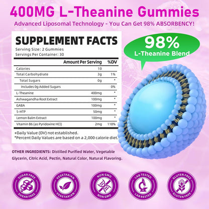 GrnLife L-Theanin Gummis für Kinder & Erwachsene – 400 mg L-Theanin mit Ashwagandha, GABA, 5-HTP – Himbeergeschmack – 60 Stück – zur Beruhigung, Entspannung & Schlafunterstützung