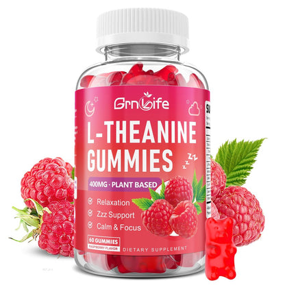 GrnLife L-Theanin Gummis für Kinder & Erwachsene – 400 mg L-Theanin mit Ashwagandha, GABA, 5-HTP – Himbeergeschmack – 60 Stück – zur Beruhigung, Entspannung & Schlafunterstützung