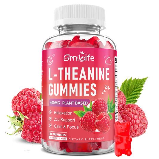 GrnLife L-Theanin Gummis für Kinder & Erwachsene – 400 mg L-Theanin mit Ashwagandha, GABA, 5-HTP – Himbeergeschmack – 60 Stück – zur Beruhigung, Entspannung & Schlafunterstützung