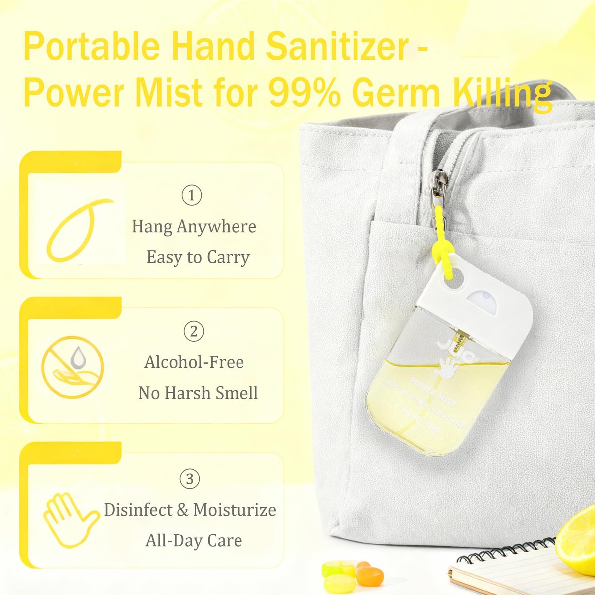 JUC Power Mist Hand Sanitizer Spray – 1,3 fl.oz mit Zitronenduft, antibakteriell & feuchtigkeitsspendend für unterwegs