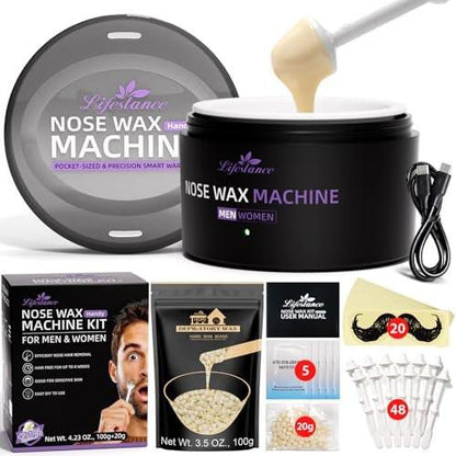 Lifestance Nose Hair Wax Kit – 120g Mini Wax Kit mit USB C, schnelles Erhitzen für Männer & Frauen, intelligente Temperaturkontrolle, 48 Sticks, schmerzlose Ohrenhaarentfernung, kompakter Mini-Wachstopf, Reise, Multi-Zubehör