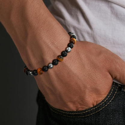 Gnamy Dreifach-Schutz Perlenarmband für Männer, Verstellbares Tigerauge, Schwarzer Obsidian, Hämatit-Armband – Weihnachten, Geburtstag, Valentinstag, Jubiläum, Heilung, Nüchternheit – Geschenk für Ehemann, Vater, Freund, Bruder