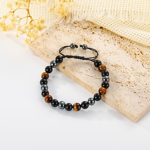 Gnamy Dreifach-Schutz Perlenarmband für Männer, Verstellbares Tigerauge, Schwarzer Obsidian, Hämatit-Armband – Weihnachten, Geburtstag, Valentinstag, Jubiläum, Heilung, Nüchternheit – Geschenk für Ehemann, Vater, Freund, Bruder