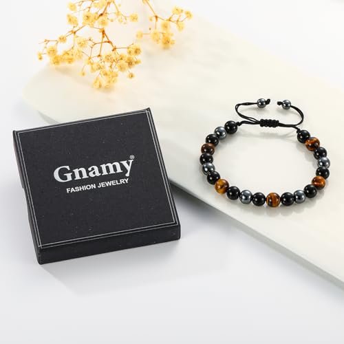 Gnamy Dreifach-Schutz Perlenarmband für Männer, Verstellbares Tigerauge, Schwarzer Obsidian, Hämatit-Armband – Weihnachten, Geburtstag, Valentinstag, Jubiläum, Heilung, Nüchternheit – Geschenk für Ehemann, Vater, Freund, Bruder
