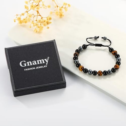 Gnamy Dreifach-Schutz Perlenarmband für Männer, Verstellbares Tigerauge, Schwarzer Obsidian, Hämatit-Armband – Weihnachten, Geburtstag, Valentinstag, Jubiläum, Heilung, Nüchternheit – Geschenk für Ehemann, Vater, Freund, Bruder