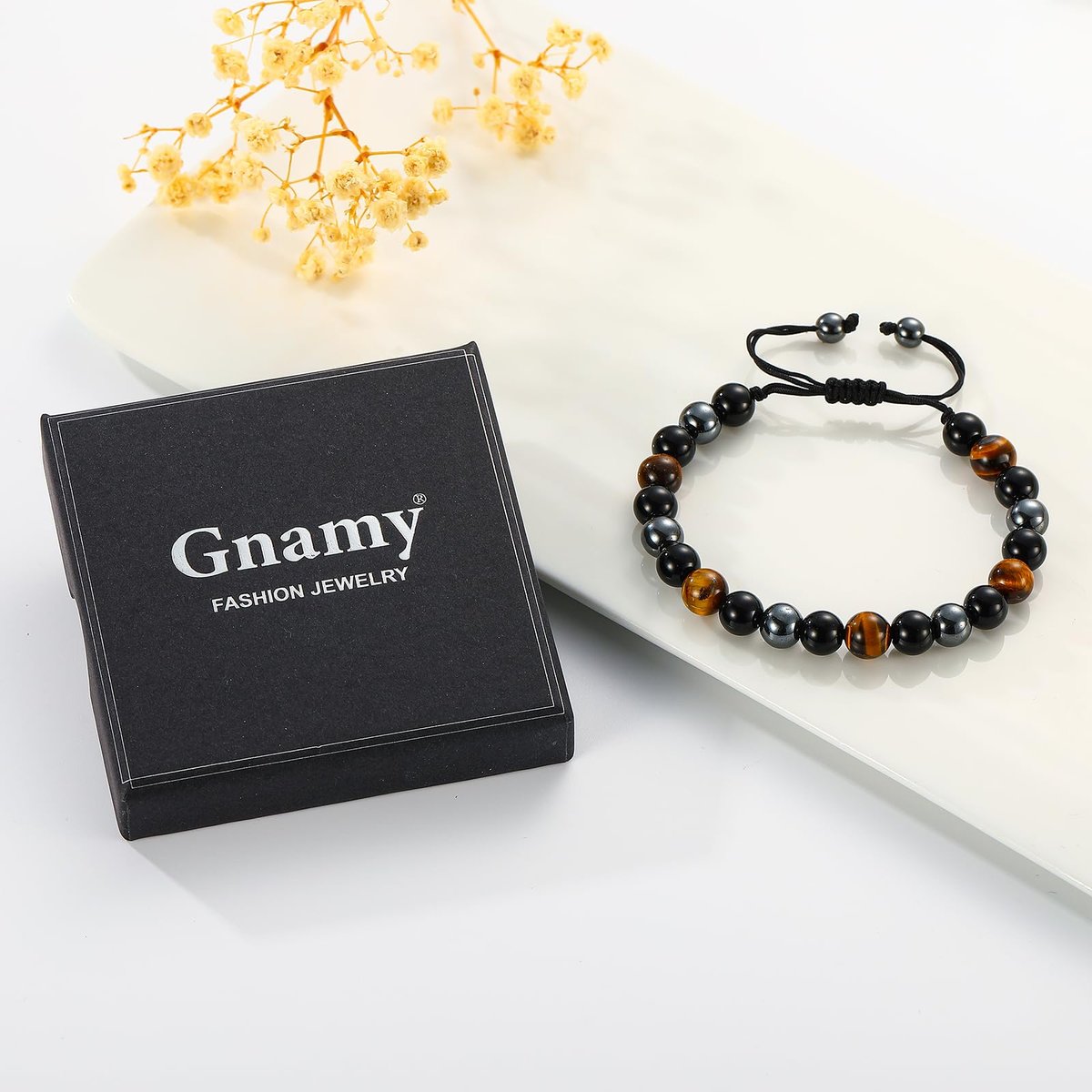Gnamy Dreifach-Schutz Perlenarmband für Männer, Verstellbares Tigerauge, Schwarzer Obsidian, Hämatit-Armband – Weihnachten, Geburtstag, Valentinstag, Jubiläum, Heilung, Nüchternheit – Geschenk für Ehemann, Vater, Freund, Bruder