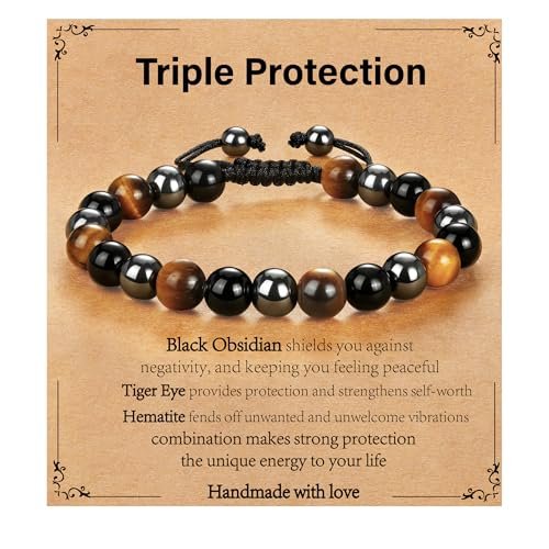 Gnamy Dreifach-Schutz Perlenarmband für Männer, Verstellbares Tigerauge, Schwarzer Obsidian, Hämatit-Armband – Weihnachten, Geburtstag, Valentinstag, Jubiläum, Heilung, Nüchternheit – Geschenk für Ehemann, Vater, Freund, Bruder