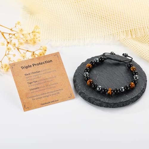 Gnamy Dreifach-Schutz Perlenarmband für Männer, Verstellbares Tigerauge, Schwarzer Obsidian, Hämatit-Armband – Weihnachten, Geburtstag, Valentinstag, Jubiläum, Heilung, Nüchternheit – Geschenk für Ehemann, Vater, Freund, Bruder