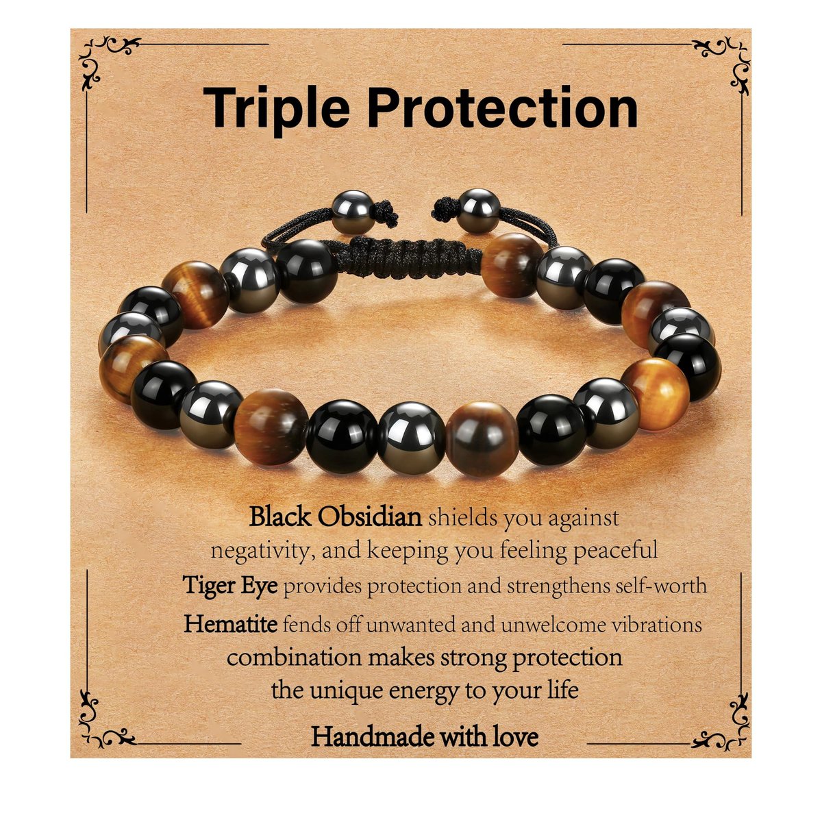 Gnamy Dreifach-Schutz Perlenarmband für Männer, Verstellbares Tigerauge, Schwarzer Obsidian, Hämatit-Armband – Weihnachten, Geburtstag, Valentinstag, Jubiläum, Heilung, Nüchternheit – Geschenk für Ehemann, Vater, Freund, Bruder