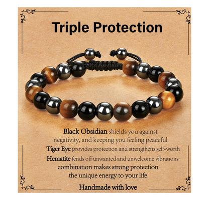 Gnamy Dreifach-Schutz Perlenarmband für Männer, Verstellbares Tigerauge, Schwarzer Obsidian, Hämatit-Armband – Weihnachten, Geburtstag, Valentinstag, Jubiläum, Heilung, Nüchternheit – Geschenk für Ehemann, Vater, Freund, Bruder