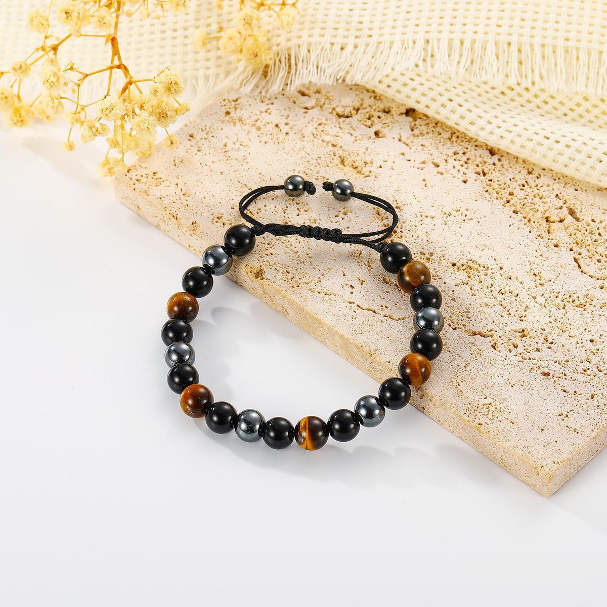 Gnamy Dreifach-Schutz Perlenarmband für Männer, Verstellbares Tigerauge, Schwarzer Obsidian, Hämatit-Armband – Weihnachten, Geburtstag, Valentinstag, Jubiläum, Heilung, Nüchternheit – Geschenk für Ehemann, Vater, Freund, Bruder