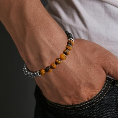 Gnamy Armband Geschenk für Ihn, Männer, Ehemann, Freund – Dreifach geschütztes Perlenarmband aus Hämatit, Tigerauge und schwarzem Obsidian – Geburtstags-, Jubiläums-, Heilungs-, Oster-, Valentinstags-, Weihnachtsgeschenk-Schmuck