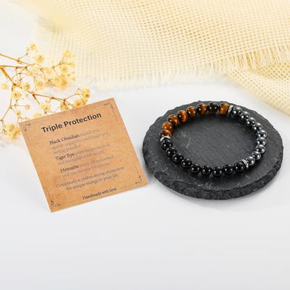 Gnamy Armband Geschenk für Ihn, Männer, Ehemann, Freund – Dreifach geschütztes Perlenarmband aus Hämatit, Tigerauge und schwarzem Obsidian – Geburtstags-, Jubiläums-, Heilungs-, Oster-, Valentinstags-, Weihnachtsgeschenk-Schmuck