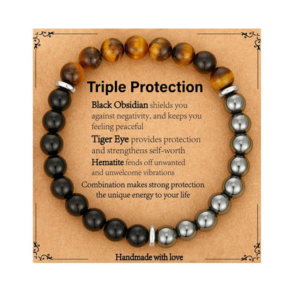 Gnamy Armband Geschenk für Ihn, Männer, Ehemann, Freund – Dreifach geschütztes Perlenarmband aus Hämatit, Tigerauge und schwarzem Obsidian – Geburtstags-, Jubiläums-, Heilungs-, Oster-, Valentinstags-, Weihnachtsgeschenk-Schmuck
