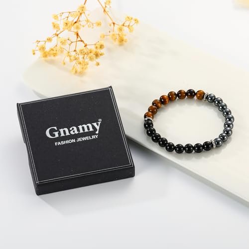Gnamy Armband Geschenk für Ihn, Männer, Ehemann, Freund – Dreifach geschütztes Perlenarmband aus Hämatit, Tigerauge und schwarzem Obsidian – Geburtstags-, Jubiläums-, Heilungs-, Oster-, Valentinstags-, Weihnachtsgeschenk-Schmuck