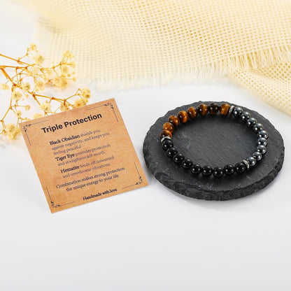 Gnamy Armband Geschenk für Ihn, Männer, Ehemann, Freund – Dreifach geschütztes Perlenarmband aus Hämatit, Tigerauge und schwarzem Obsidian – Geburtstags-, Jubiläums-, Heilungs-, Oster-, Valentinstags-, Weihnachtsgeschenk-Schmuck