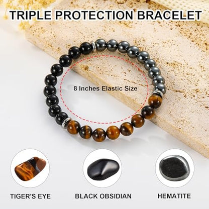 Gnamy Armband Geschenk für Ihn, Männer, Ehemann, Freund – Dreifach geschütztes Perlenarmband aus Hämatit, Tigerauge und schwarzem Obsidian – Geburtstags-, Jubiläums-, Heilungs-, Oster-, Valentinstags-, Weihnachtsgeschenk-Schmuck