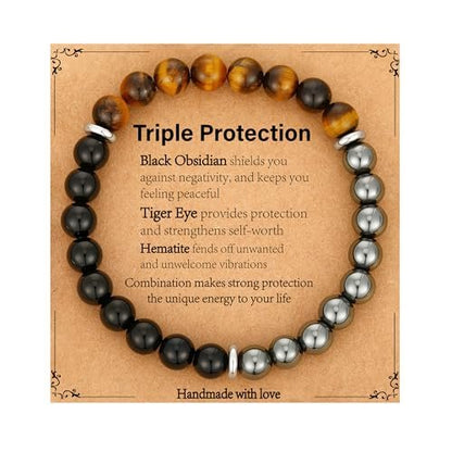 Gnamy Armband Geschenk für Ihn, Männer, Ehemann, Freund – Dreifach geschütztes Perlenarmband aus Hämatit, Tigerauge und schwarzem Obsidian – Geburtstags-, Jubiläums-, Heilungs-, Oster-, Valentinstags-, Weihnachtsgeschenk-Schmuck