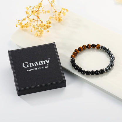 Gnamy Armband Geschenk für Ihn, Männer, Ehemann, Freund – Dreifach geschütztes Perlenarmband aus Hämatit, Tigerauge und schwarzem Obsidian – Geburtstags-, Jubiläums-, Heilungs-, Oster-, Valentinstags-, Weihnachtsgeschenk-Schmuck