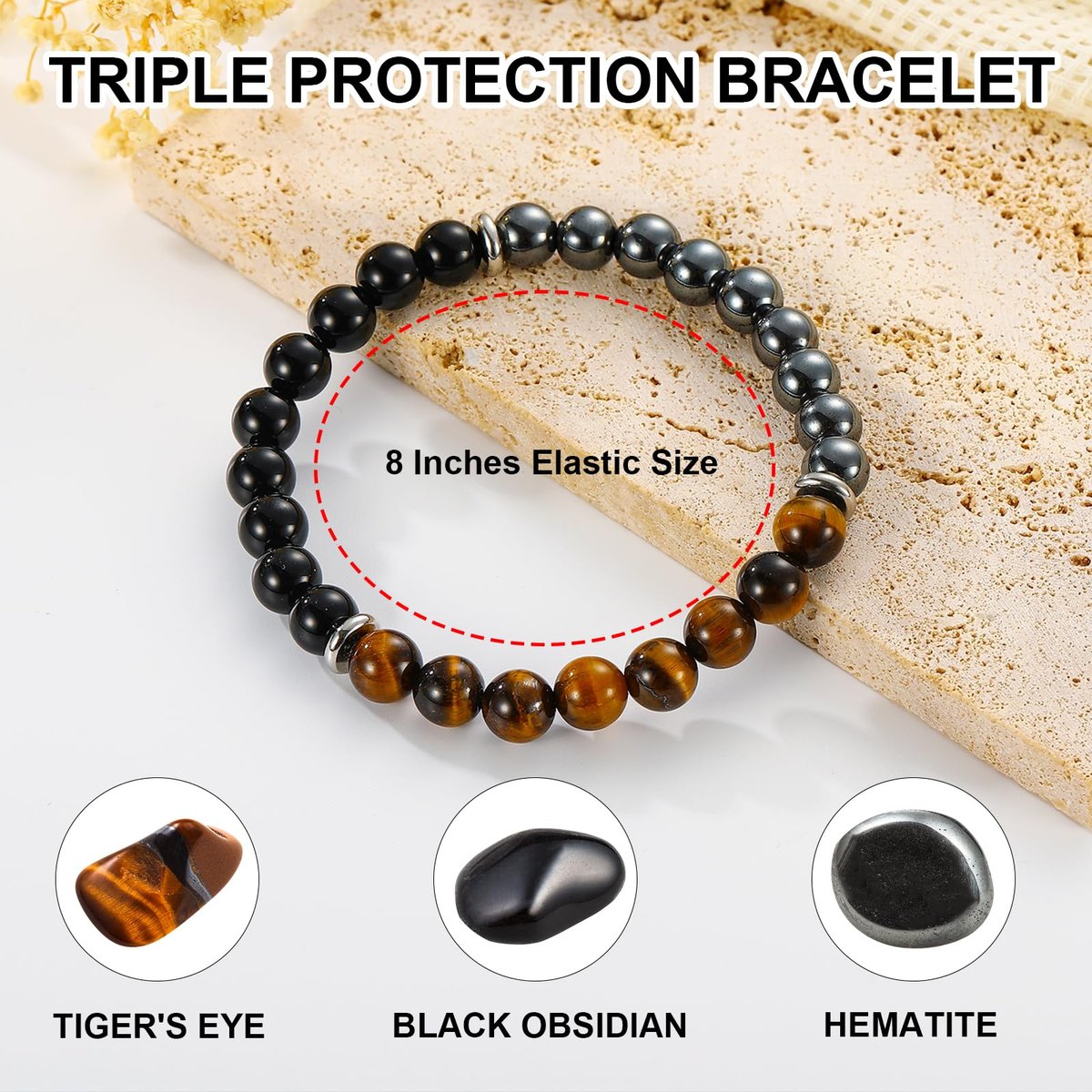 Gnamy Armband Geschenk für Ihn, Männer, Ehemann, Freund – Dreifach geschütztes Perlenarmband aus Hämatit, Tigerauge und schwarzem Obsidian – Geburtstags-, Jubiläums-, Heilungs-, Oster-, Valentinstags-, Weihnachtsgeschenk-Schmuck