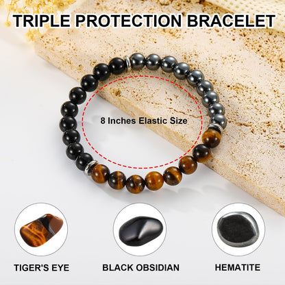 Gnamy Armband Geschenk für Ihn, Männer, Ehemann, Freund – Dreifach geschütztes Perlenarmband aus Hämatit, Tigerauge und schwarzem Obsidian – Geburtstags-, Jubiläums-, Heilungs-, Oster-, Valentinstags-, Weihnachtsgeschenk-Schmuck