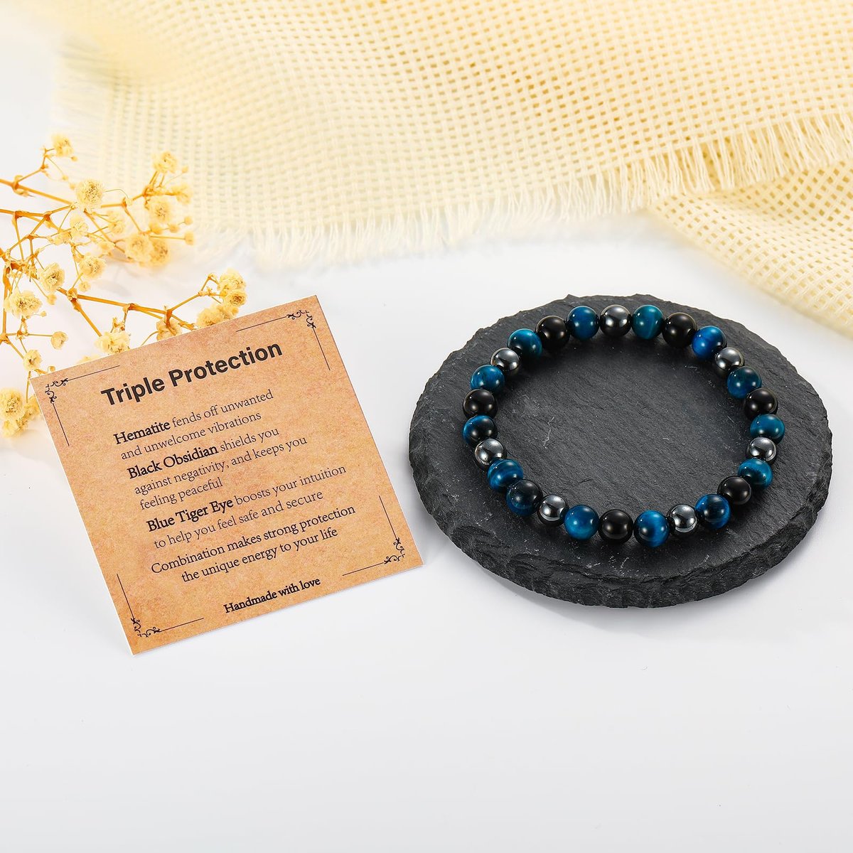 Gnamy Dreifach-Schutz Perlenarmband für Männer – Blauer Tigerauge Hämatit Armband Schwarzer Obsidian Armband – Geburtstags-, Jubiläums-, Valentinstags-Heilschmuck Geschenk für Ehemann, Freund, Liebhaber