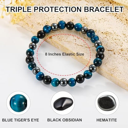 Gnamy Dreifach-Schutz Perlenarmband für Männer – Blauer Tigerauge Hämatit Armband Schwarzer Obsidian Armband – Geburtstags-, Jubiläums-, Valentinstags-Heilschmuck Geschenk für Ehemann, Freund, Liebhaber