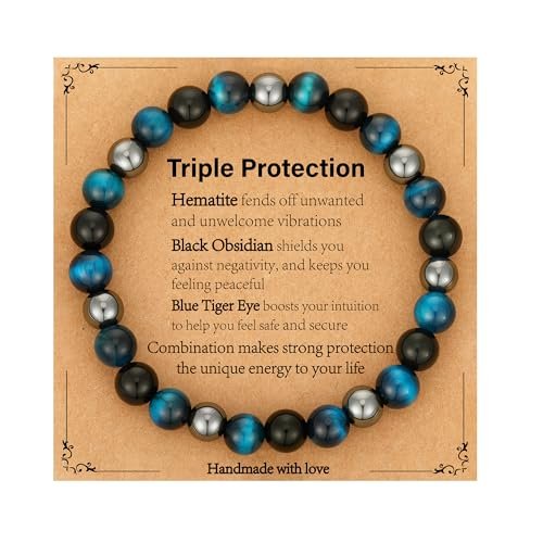 Gnamy Dreifach-Schutz Perlenarmband für Männer – Blauer Tigerauge Hämatit Armband Schwarzer Obsidian Armband – Geburtstags-, Jubiläums-, Valentinstags-Heilschmuck Geschenk für Ehemann, Freund, Liebhaber