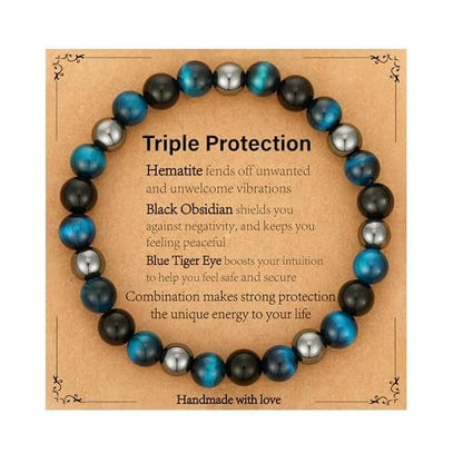 Gnamy Dreifach-Schutz Perlenarmband für Männer – Blauer Tigerauge Hämatit Armband Schwarzer Obsidian Armband – Geburtstags-, Jubiläums-, Valentinstags-Heilschmuck Geschenk für Ehemann, Freund, Liebhaber