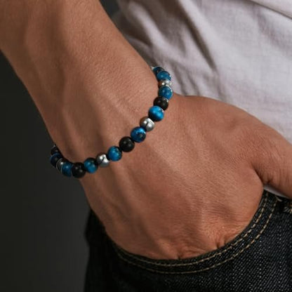 Gnamy Dreifach-Schutz Perlenarmband für Männer – Blauer Tigerauge Hämatit Armband Schwarzer Obsidian Armband – Geburtstags-, Jubiläums-, Valentinstags-Heilschmuck Geschenk für Ehemann, Freund, Liebhaber