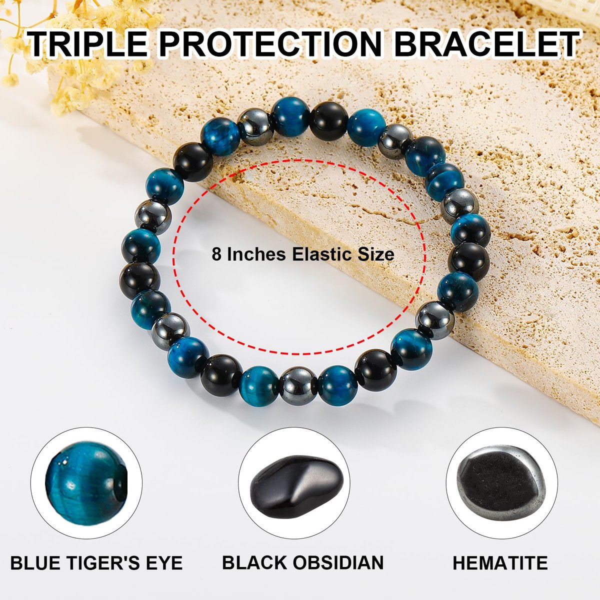 Gnamy Dreifach-Schutz Perlenarmband für Männer – Blauer Tigerauge Hämatit Armband Schwarzer Obsidian Armband – Geburtstags-, Jubiläums-, Valentinstags-Heilschmuck Geschenk für Ehemann, Freund, Liebhaber