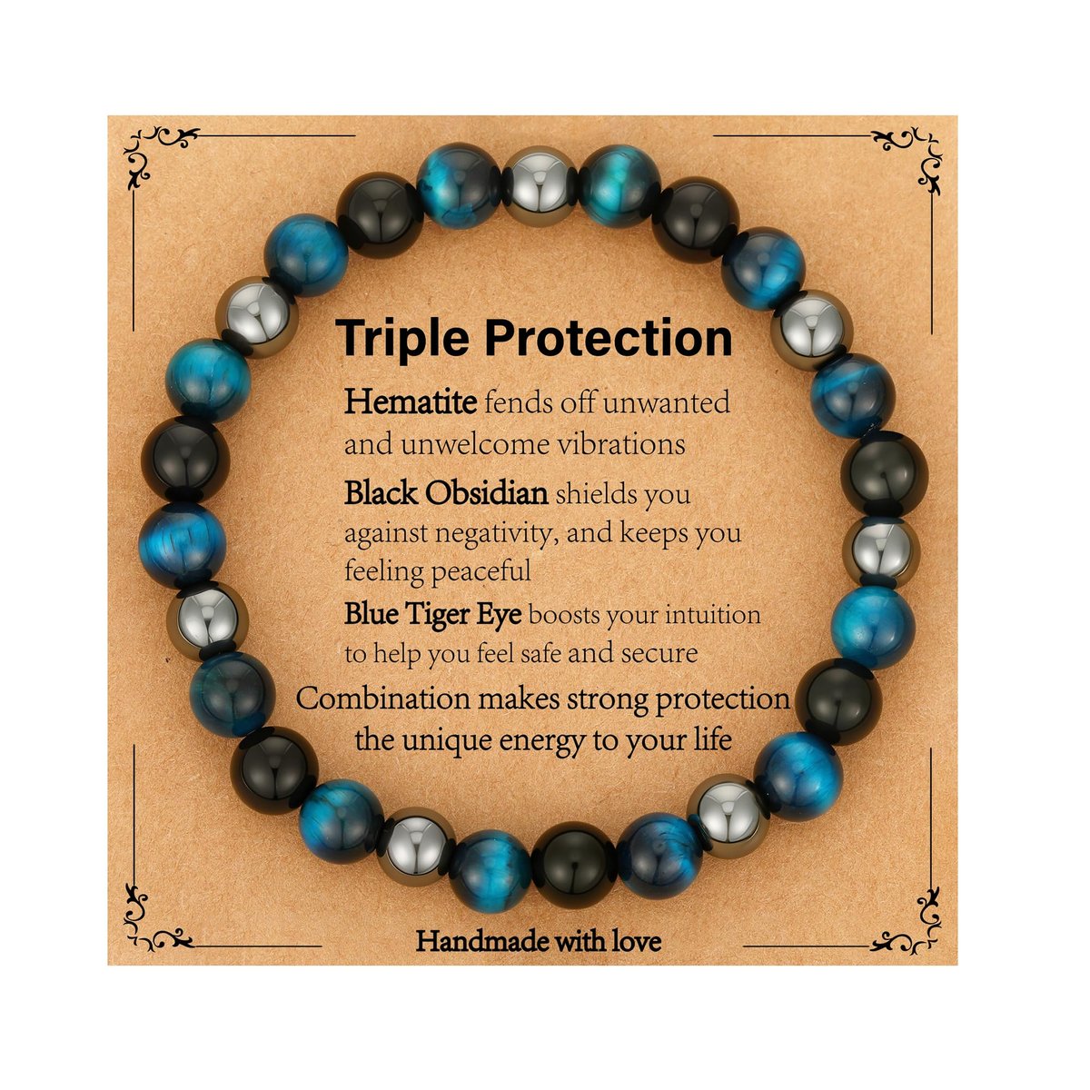 Gnamy Dreifach-Schutz Perlenarmband für Männer – Blauer Tigerauge Hämatit Armband Schwarzer Obsidian Armband – Geburtstags-, Jubiläums-, Valentinstags-Heilschmuck Geschenk für Ehemann, Freund, Liebhaber