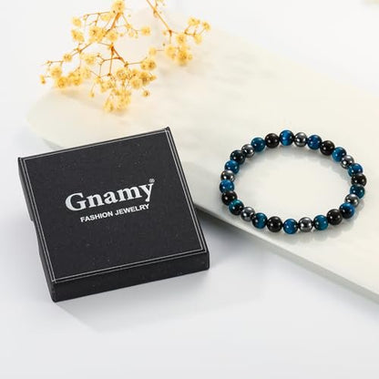 Gnamy Dreifach-Schutz Perlenarmband für Männer – Blauer Tigerauge Hämatit Armband Schwarzer Obsidian Armband – Geburtstags-, Jubiläums-, Valentinstags-Heilschmuck Geschenk für Ehemann, Freund, Liebhaber