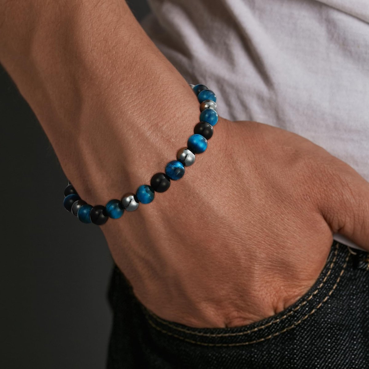 Gnamy Dreifach-Schutz Perlenarmband für Männer – Blauer Tigerauge Hämatit Armband Schwarzer Obsidian Armband – Geburtstags-, Jubiläums-, Valentinstags-Heilschmuck Geschenk für Ehemann, Freund, Liebhaber
