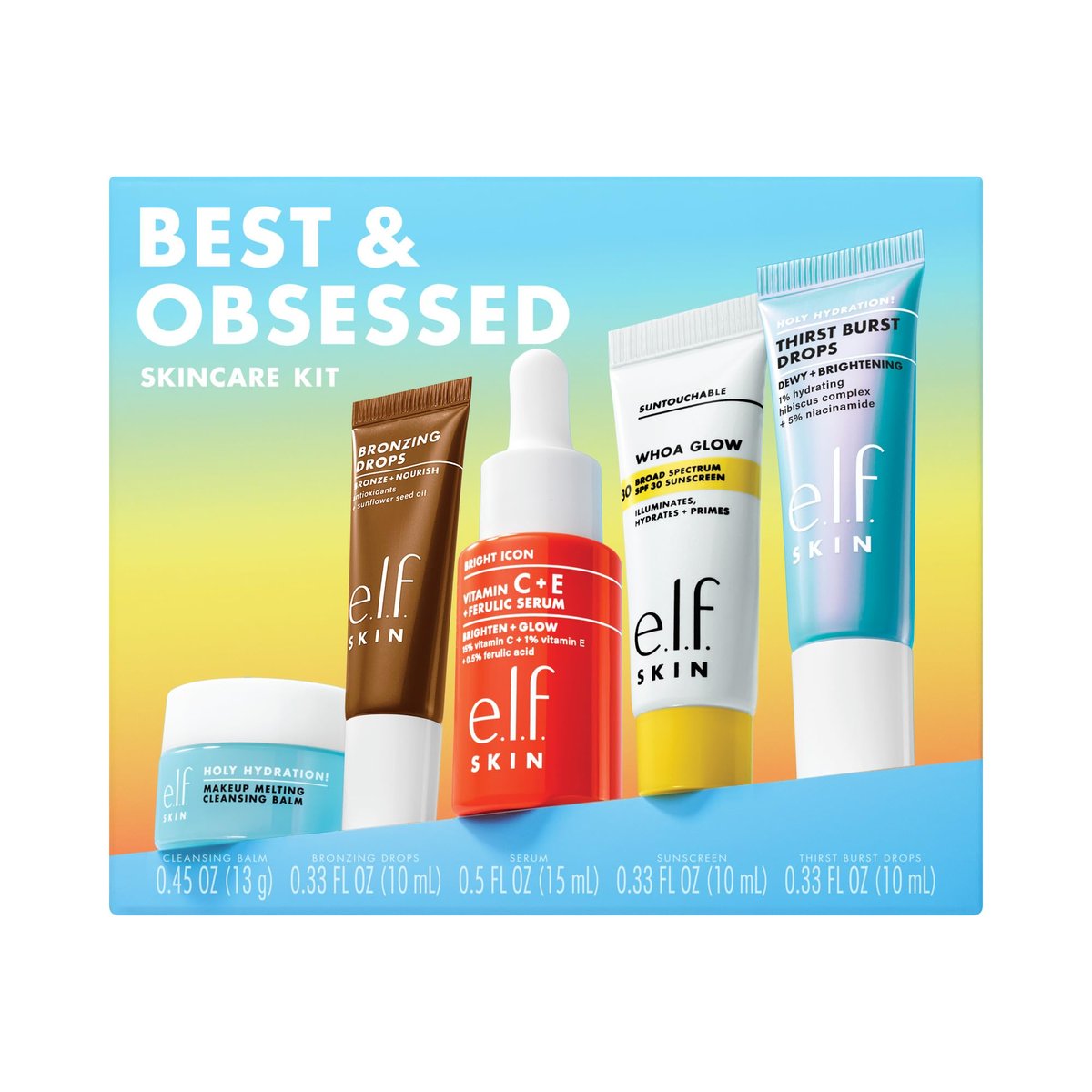 e.l.f. SKIN Best & Obsessed Hautpflege-Set – Reisegrößen: Make-up-Entferner, Sonnenschutz & aufhellende Seren für strahlende Haut, vegan & tierversuchsfrei