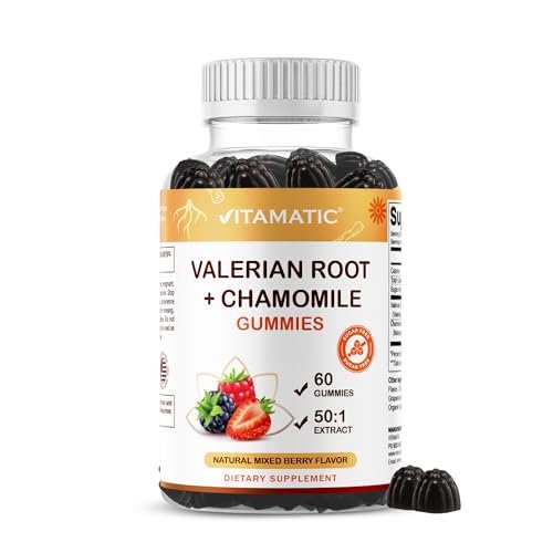Vitamatic Baldrianwurzel & Kamille Gummis – Pflanzlicher Botanischer Extrakt – Mischbeerengeschmack – Vegan, Nicht-GVO, Glutenfrei – Nahrungsergänzungsmittel – 60 Stück