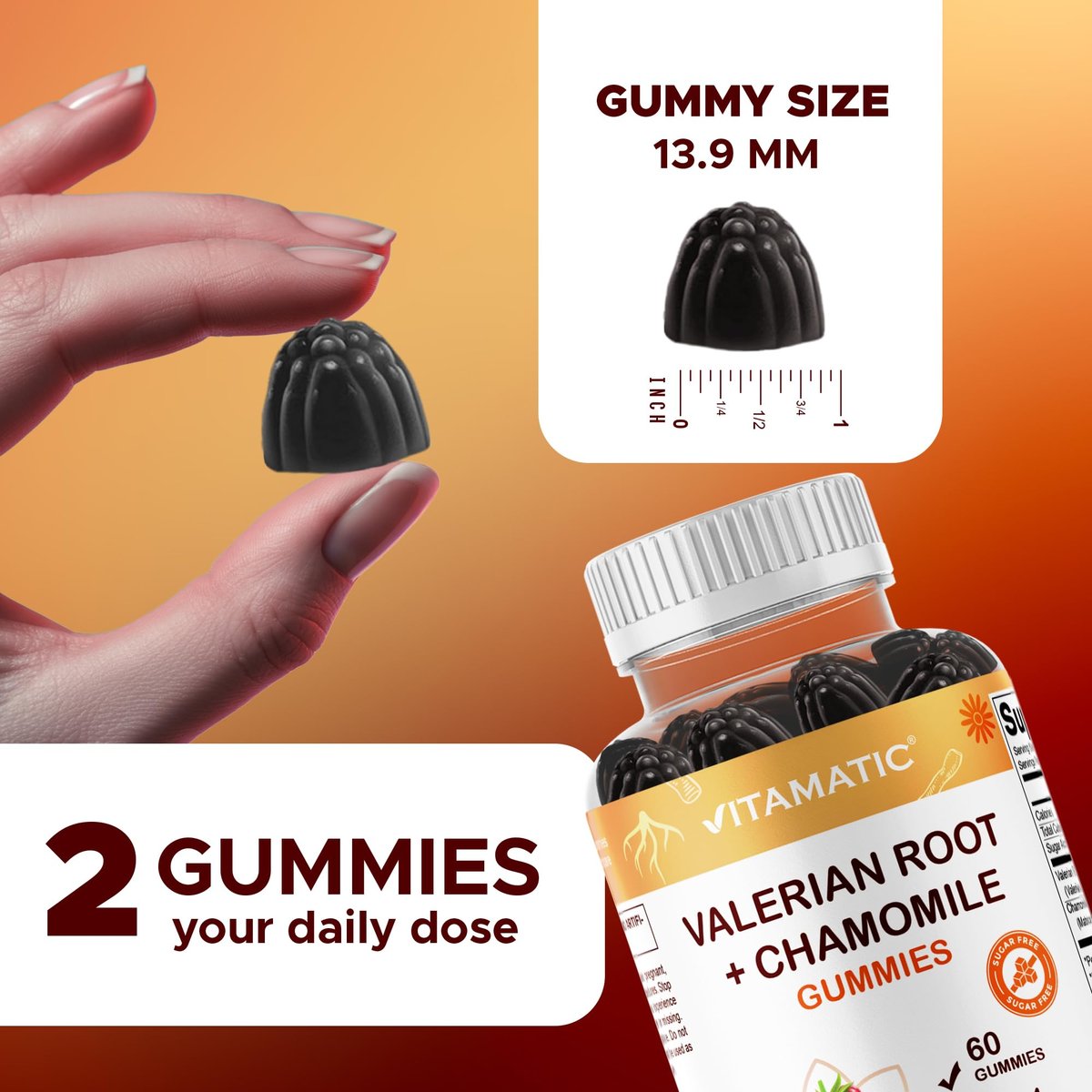 Vitamatic Baldrianwurzel & Kamille Gummis – Pflanzlicher Botanischer Extrakt – Mischbeerengeschmack – Vegan, Nicht-GVO, Glutenfrei – Nahrungsergänzungsmittel – 60 Stück