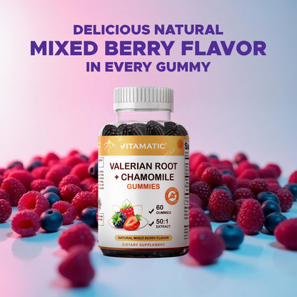 Vitamatic Baldrianwurzel & Kamille Gummis – Pflanzlicher Botanischer Extrakt – Mischbeerengeschmack – Vegan, Nicht-GVO, Glutenfrei – Nahrungsergänzungsmittel – 60 Stück