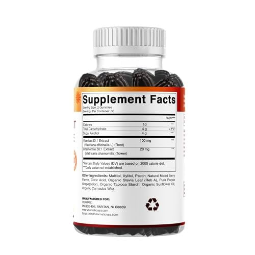 Vitamatic Baldrianwurzel & Kamille Gummis – Pflanzlicher Botanischer Extrakt – Mischbeerengeschmack – Vegan, Nicht-GVO, Glutenfrei – Nahrungsergänzungsmittel – 60 Stück